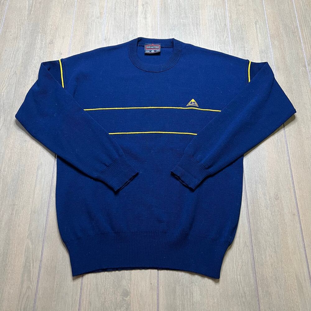 Vintage DEMETRE Wool Sweater Men's Medium Blue Yellow Stripe Logo Knit 90s‎
